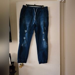 Stylish Blue Distressed Pull On Jean Joggers